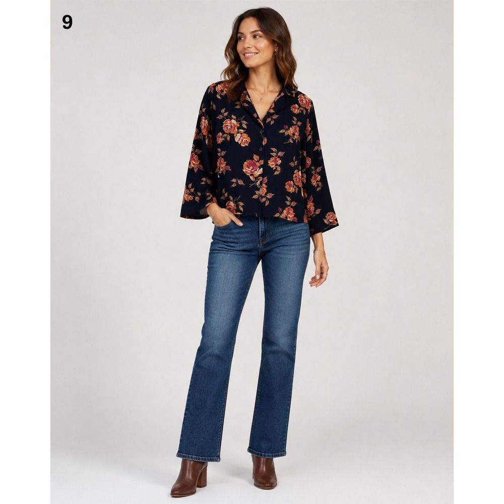 BP Brass Plum Button Front Shirt Womens Small Black Floral Polyester Bell Sleeve